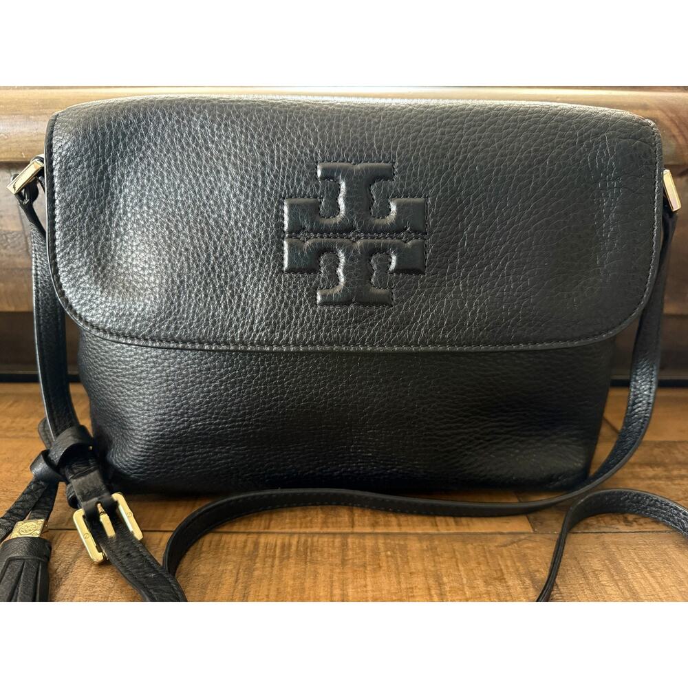 TORY BURCH Crossbody Bag Women's Black Pebbled Leather Tassel Logo Shoulder - Picture 3 of 16